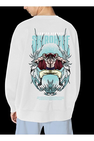 FECCY Unisex Λευκό φούτερ με στάμπα WhiteBird χωρίς κουκούλα, Oversize