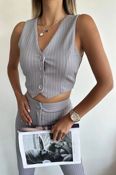 bacc Women's Gray V-Neck Buttoned Striped Crop Vest Bctl- 233395