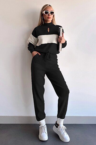 bacc Black Knitwear Tracksuit Set - Stand Collar, Stripe Block, Tight Knitted...