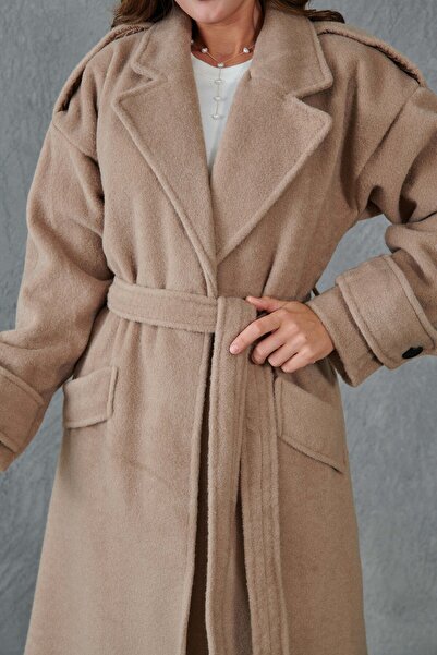 vuvutasarım Long Sleeve Belted Double Breasted Midi Mink Coat - Lined, 9002