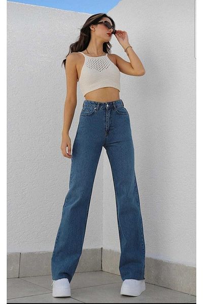 DRC trend Serenity Icon Indigo - Pantaloni Palazzo din denim cu talie super înaltă din lycra pentru femei anii 90