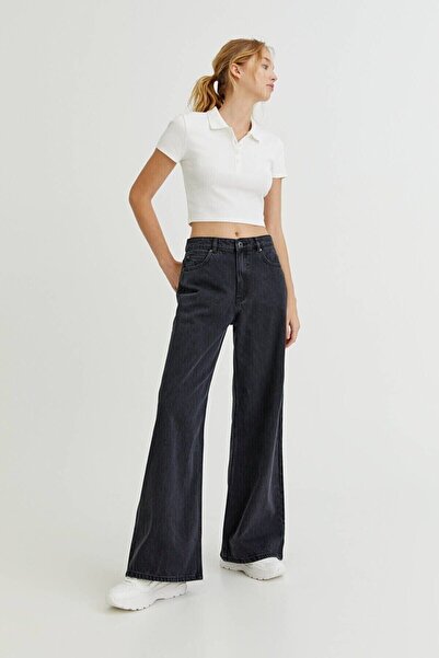 DRC trend Lycra neagră - Pantaloni palazzo de jeans largi cu talie super înal...