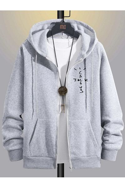 Mythologie Cactus Jack Thick Cardigan - Γκρι εμπριμέ καλοκαιρινή υπερμεγέθη ζακέτα με κουκούλα και τσέπη με φερμουάρ