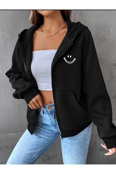 Mythologie Smile Black Cardigan - Winter Oversize Hoodie, Τσέπες με φερμουάρ