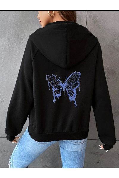 Mythologie Back Blue Butterfly Thick Cardigan - Μαύρη εμπριμέ καλοκαιρινή υπερμεγέθη ζακέτα με κουκούλα με τσέπη με φερμουάρ