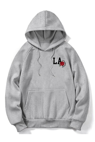 Trendglow Λος Άντζελες Ροζ Στάμπα - Unisex Oversize Γκρι Φούτερ με κουκούλα καγκουρό