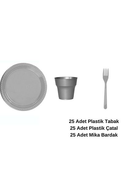 Ambalaj Evi Plate Set Plastic Party Plate Set Silver 75 Pieces