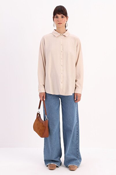 ALLDAY Beige Large Size Stylish Buttoned Shirt with Cuff Detail