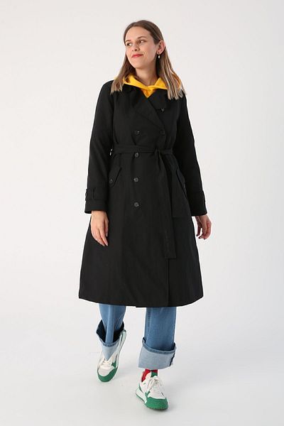 ALLDAY Schwarzer, zweireihiger, gefütterter Trenchcoat mit Kragen und Gürtel