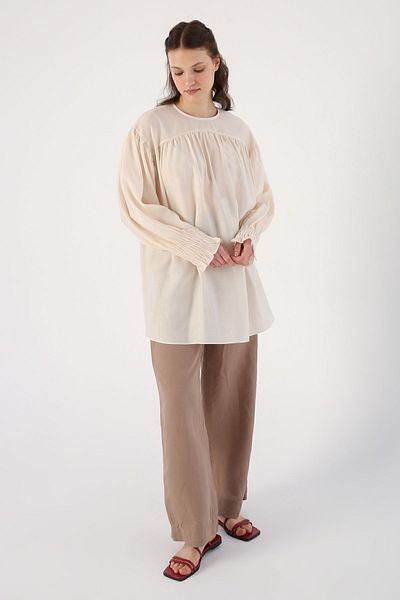ALLDAY Ecru Gipe Elastic Sleeve Detailed Crew Neck Tunic