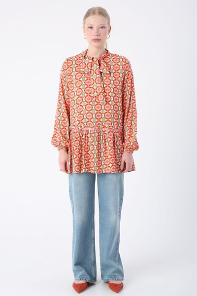 ALLDAY Ecru-salmon Collared Patterned Viscose Tunic with Scarf