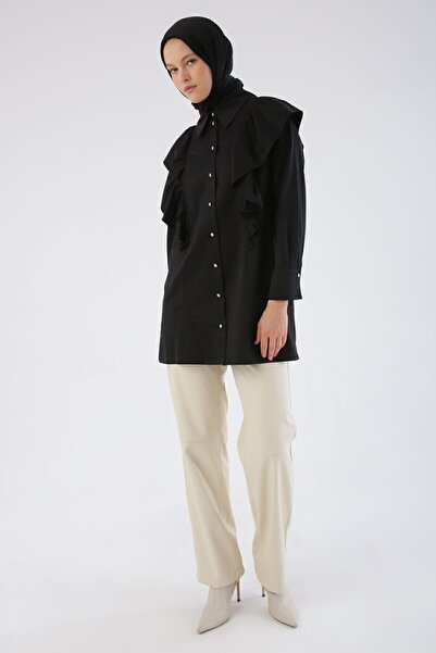 ALLDAY Μαύρη Πέτρα Fall Flounce Σατέν Πουκάμισο Tunic