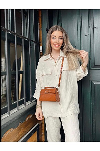 manana fashion Gold Buttoned Pocket Detailed Raw Linen Muslin Fabric Ecru Shirt Trousers Set