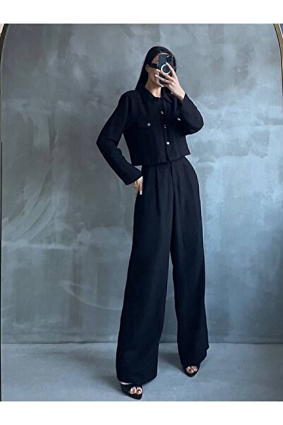 manana fashion طقم بنطلون بالازو من الكتان الخام باللون الأسود