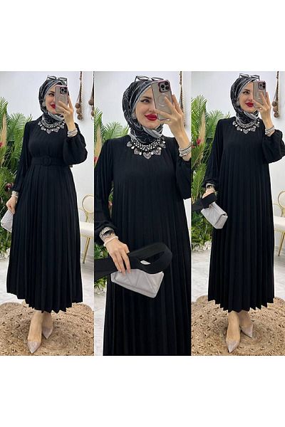 Happinesslife BLACK PLEATED BELTED TESETURAL DRESS