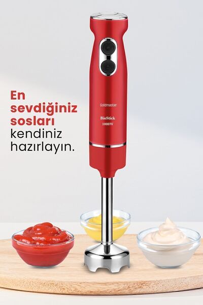 GOLDMASTER Biostick Red 1000 Watt Speed Adjustable Stainless Steel Hand Blender with 4 Blades