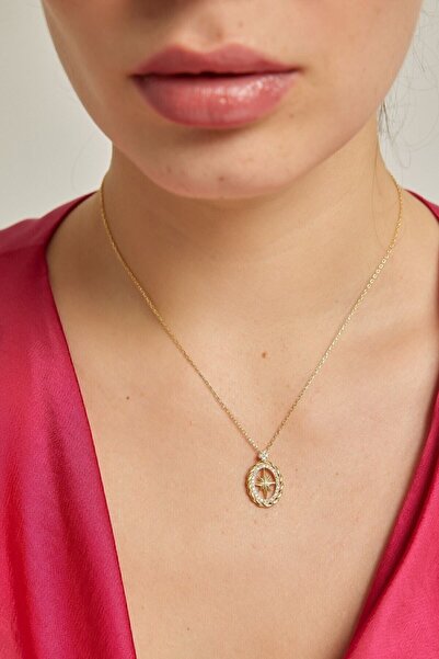 Marie Claire 18 Ayar Altın Kaplama Gümüş Oval Çerçeveli Kutup Yıldızı Kolye M...