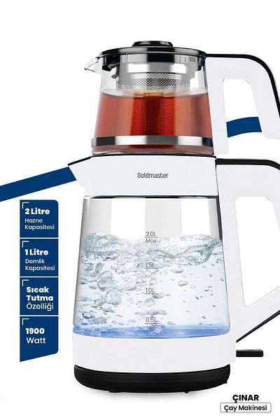 GOLDMASTER Çınar White Large Chamber with Teapot German Schott Glass Tea Maker and Water Heater with LED Light