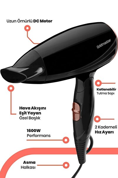 GOLDMASTER Express 1600 Watt Dc Motor 2 Kademeli Isı Ayarlı Katlanabilir Saç Kurutma Makinesi