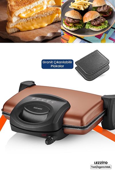 GOLDMASTER Lezzito Gold 1750 Watt Granite Removable Plate 5 Level Heat Adjustable Toaster and Grill Machine