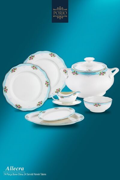 Porio Allecra 74 Parça Bone China 12 Ara Servisli 12 Kişilik Porselen Yemek Takımı