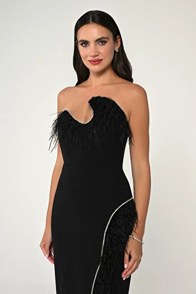 ALFABETA Straplez Göğüs Asimetrik Kesim Tüylü Taşlı Krep Uzun Elbise