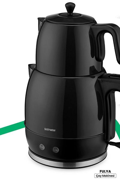 GOLDMASTER Fulya Black 30 Cup Large Capacity 2200 Watt Stainless Steel Tea Maker and Kettle