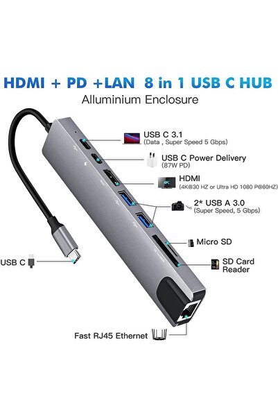 LESGO Macbook Pro Air Usb Type-c Hub Dönüştürücü Çevirici Çoklayıcı Usb Hdmı Micro Sd 8 Girişli
