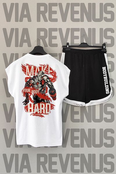 Vordevia White Body Building Printed T-shirt and Black Shorts Sports Set - Zero Sleeve