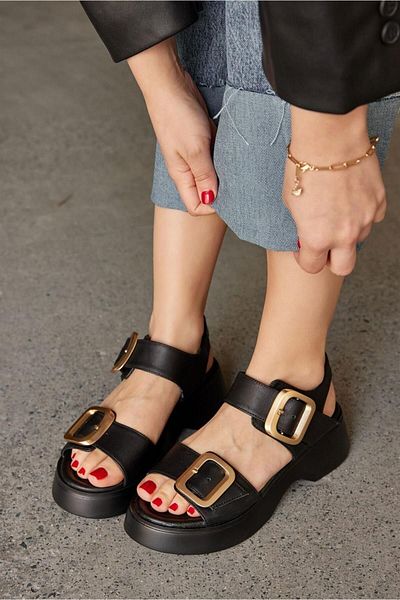 NILUFARR Albania Black Genuine Leather Gold Buckle Women's Sandals