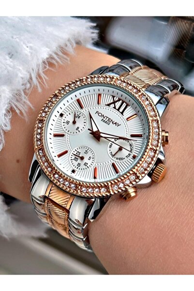 Fontenay ساعة نسائية من الفولاذ المقاوم للصدأ باللون الوردي والمعدني - Fn-401...