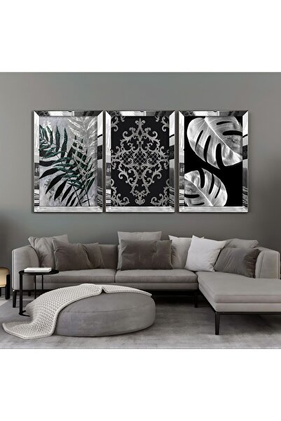 Harikabirev | Combinație de frunze și flori argintiu-negru | Tablou MDF cu ra...