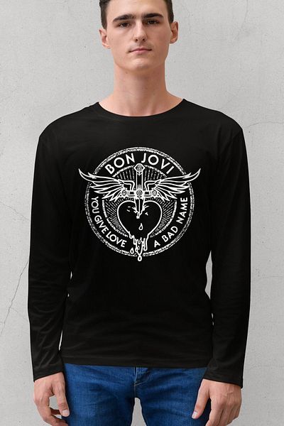 ROCKANDROLL Tricou pentru bărbați din bumbac pieptănat cu mânecă lungă, cu gât negru, cu aripi