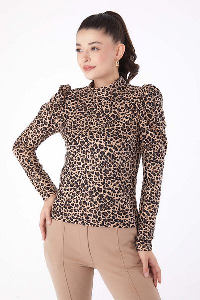 TOFİSA Mink Leopard Print Women's Blouse - Half Turtleneck, Plain - 26217