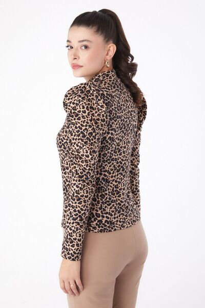 TOFİSA Mink Leopard Print Women's Blouse - Half Turtleneck, Plain - 26217