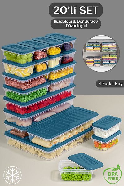 Meleni Home 20 Pieces Compatible Microwave Organizer - Blue Storage Container {1X2400Ml, 4X1170Ml, 4X600Ml, 11X240Ml}