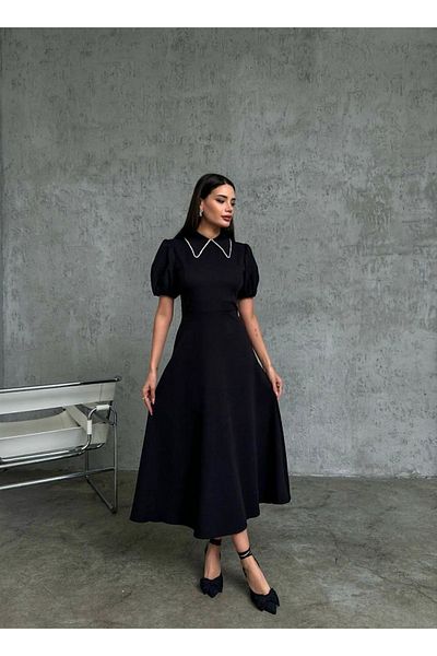 Afiş Butik Detailní límec z kamene - Black Elise s balonovými rukávy