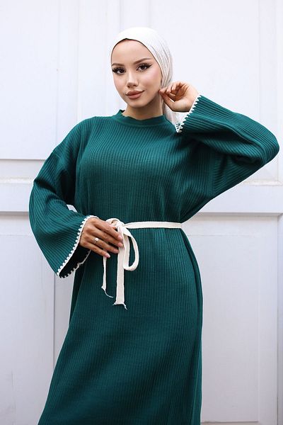 benguen Emerald Green Embroidery Λεπτομερές πλεκτό φόρεμα - 11040-17