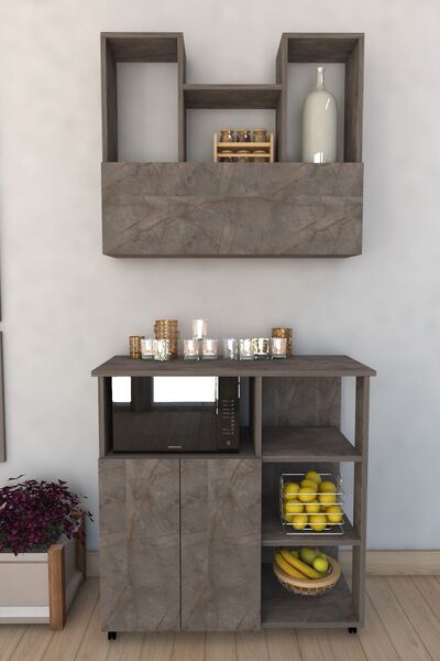 MERETTO Gri Mikrodalga Fırın Dolabı Çok Amaçlı Çekmeceli Kapaklı  Raflı Erzak Kiler Dolabı