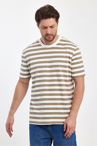THE RULE Men's Coffee - White Regular Fit Comfortable Cut Crew Neck 100% Cotton Striped T-Shirt