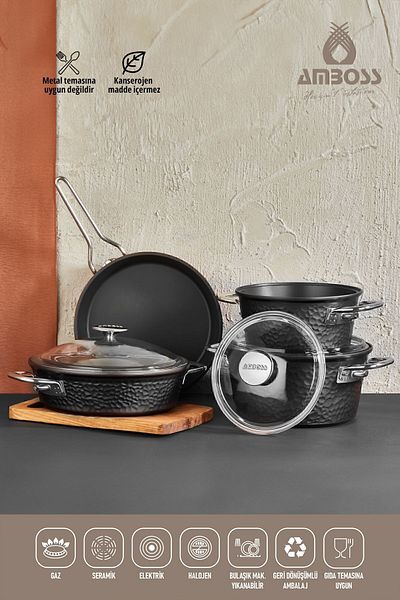 Amboss Cruz 7 Piece Granite Cast Pot Set - With Glass Lid, Can Enter The Oven, Black