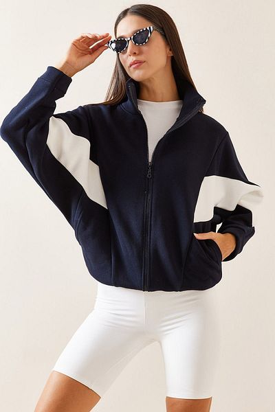 XHAN Navy Blue Color Transitional Stand Collar Sweatshirt 5Yxk8-48910-14