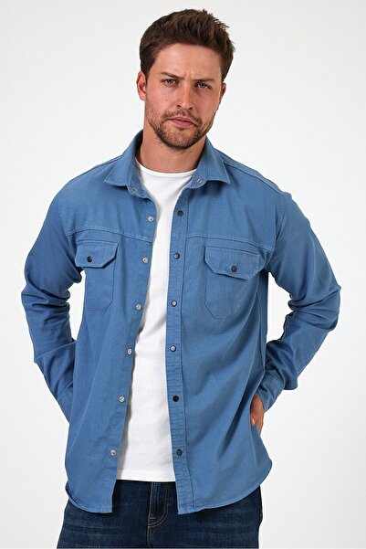 THE RULE Синя чоловіча сорочка з джинсової тканини - прямий крій, зручний крій, кнопки, дві кишені, класичний комір