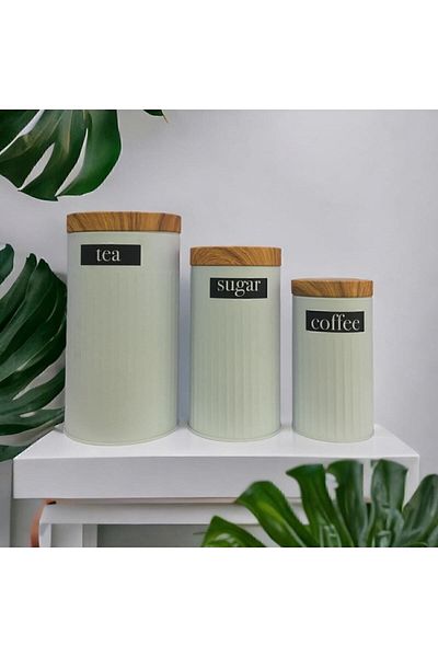 KMS Kumsar Bamboo Look Lid and 3-Piece White Metal Jar Set