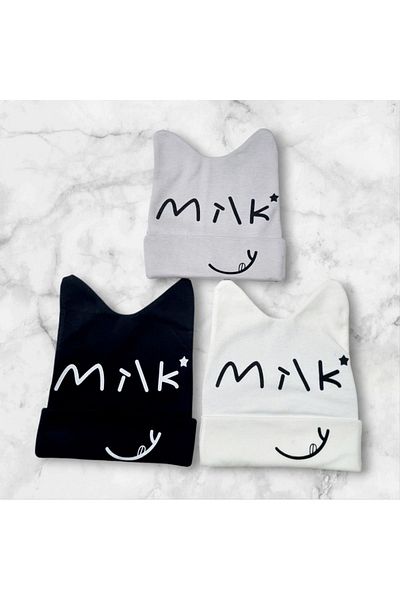 Çağrı Store Set of 3 Beret Milk Written - Cotton Combed