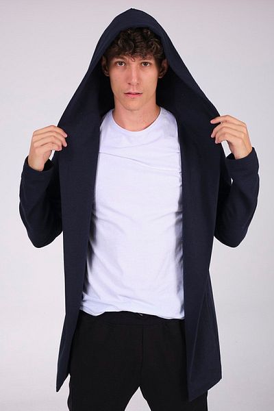 THE RULE Men's Navy Blue Regular Fit Hooded Long Poncho Cardigan