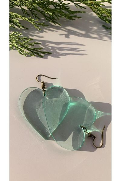 MISS GOLDEN Water Green Colored Antique Yellow Big Heart Epoxy Earrings - Gift Handmade