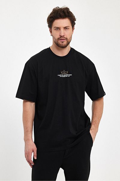 THE RULE Ανδρικό I Swear Printed Oversize 100% βαμβακερό φαρδύ φαρδύ λαιμόκοψη μαλακό μαύρο μπλουζάκι
