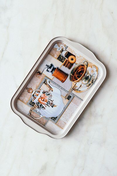 Arma House Small Size Classic Tea Time Themed Small Size Decorative Metal Tray 25 cm