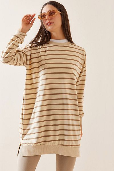 XHAN Brown Crew Neck Striped Sweatshirt 5Yxk8-48917-18